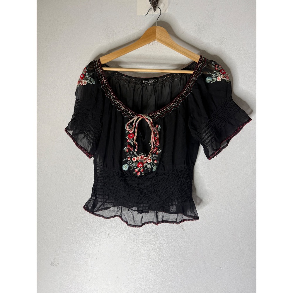 Vintage Betsey Johnson Black Peasant Blouse Embroidered Bella Swan Y2K Sz 4
